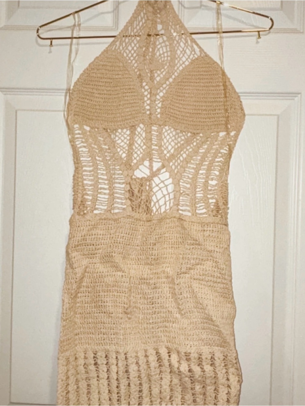 Crochet Halter Mini Dress in Beige